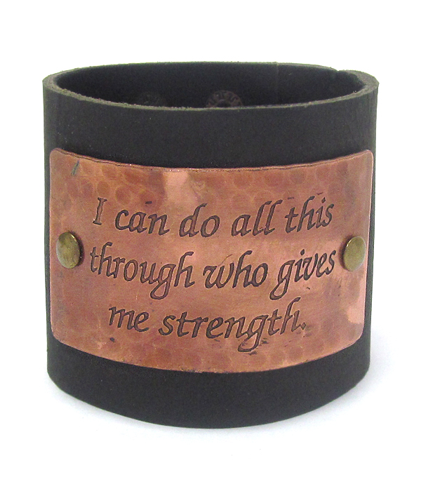 INSPIRATION MESSAGE ENGRAVED METAL THICK LEATHERETTE SNAP ON BRACELET