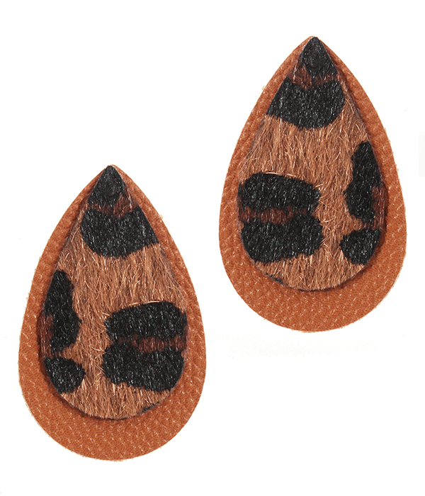 ANIMAL PRINT FUR AND LEATHER TEARDROP EARRING