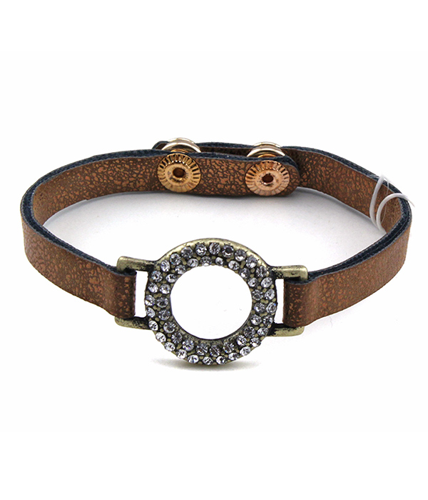 Crystal pave ring leatherette band bracelet