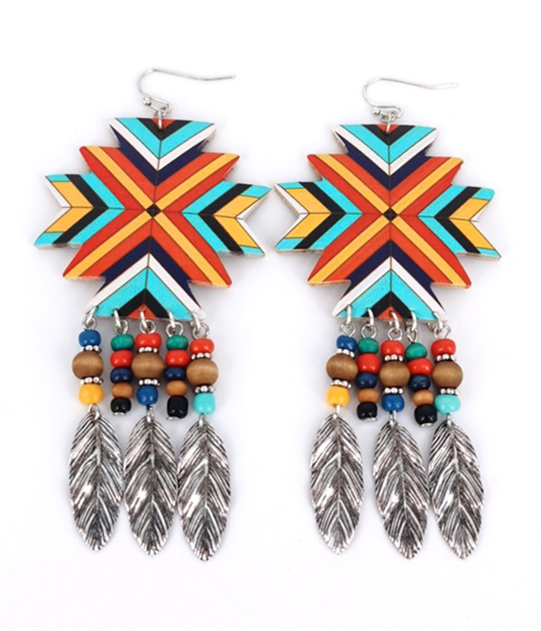 Aztec pattern leatherette and feather drop earring
