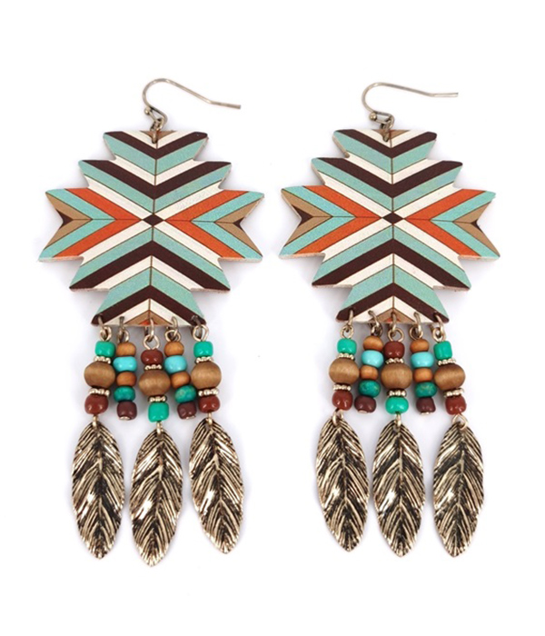 AZTEC PATTERN LEATHERETTE AND FEATHER DROP EARRING