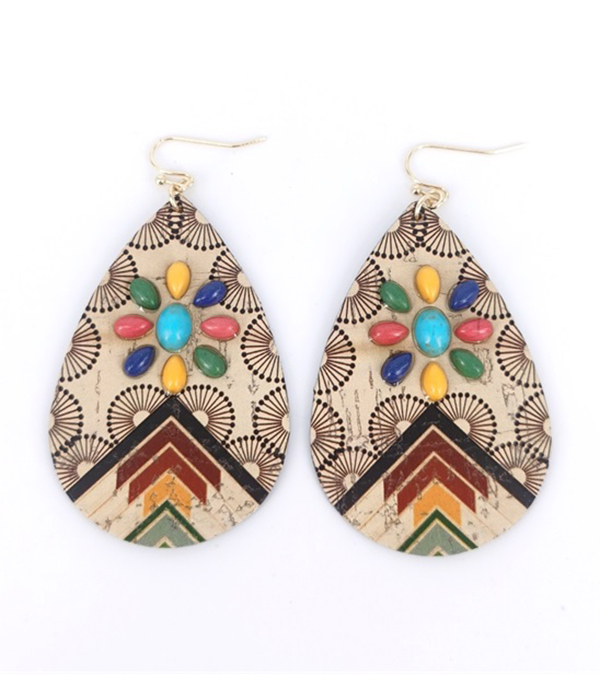 WESTERN AZTEC PATTERN TEARDROP WOOD EARRING