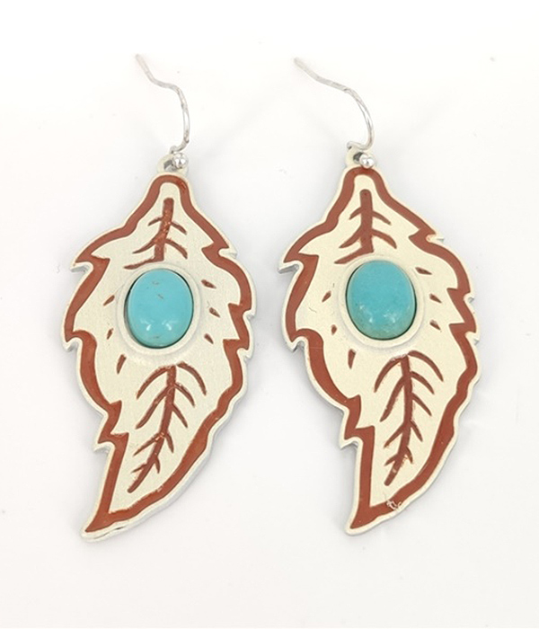 TURQUOISE CENTER FEATHER WOOD EARRING