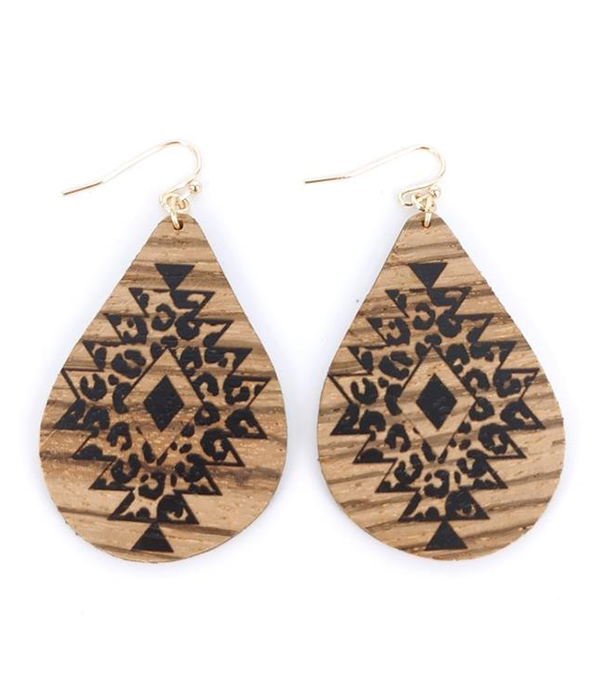 BOHO STYLE TEARDROP WOOD EARRING - AZTEC