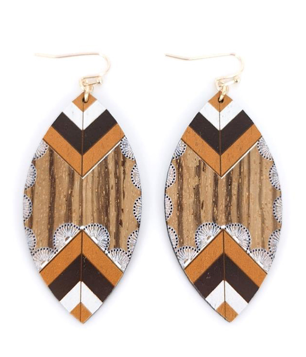 WESTERN AZTEC PATTERN MARQUISE WOOD EARRING