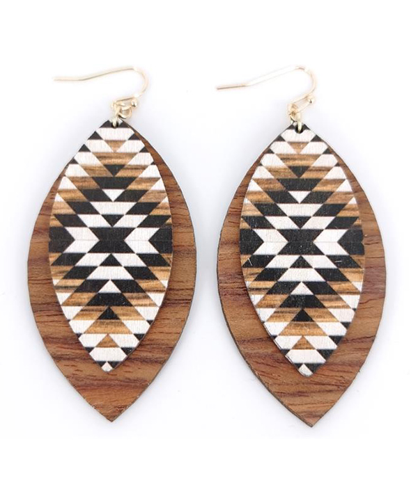 WESTERN AZTEC PATTERN MARQUISE WOOD EARRING