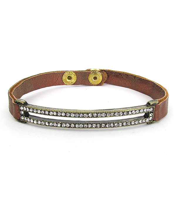 Crystal pave double bar leatherette band bracelet