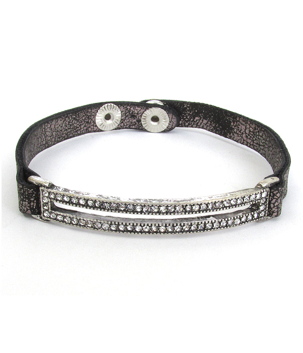 Crystal pave double bar leatherette band bracelet
