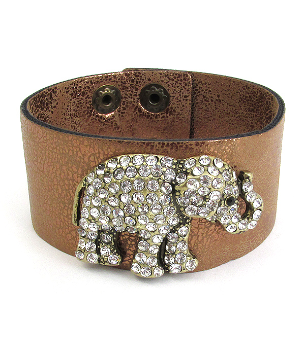 Crystal pave elephant wide leatherette band bracelet