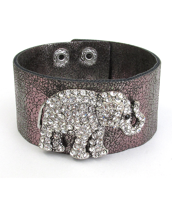 Crystal pave elephant wide leatherette band bracelet