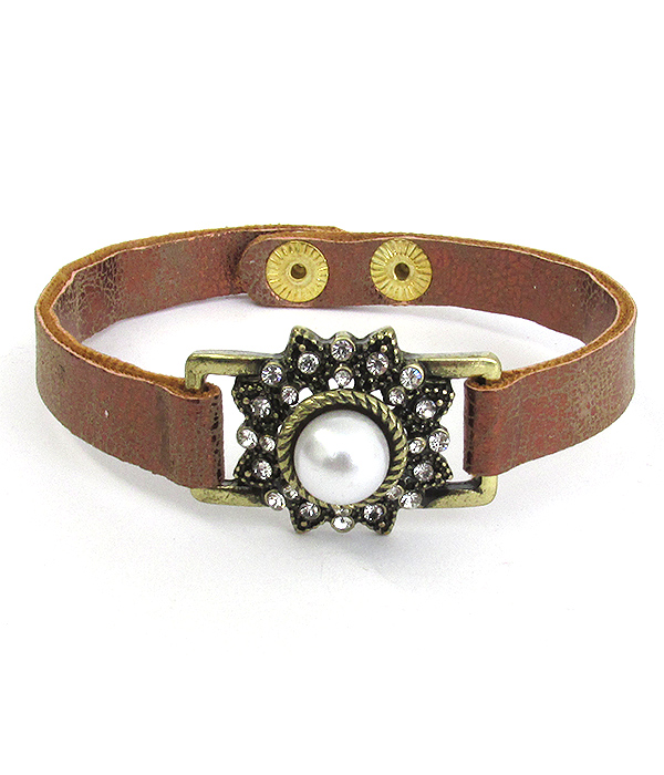 Pearl center and crystal mix leatherette band bracelet