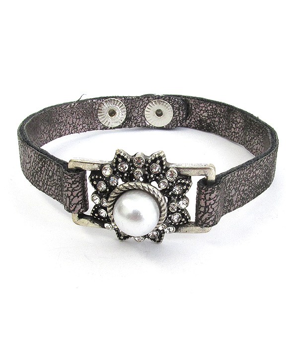 Pearl center and crystal mix leatherette band bracelet