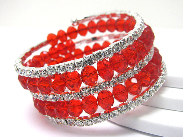Two row rhinestone and facet glass beads mix stretch bracelet