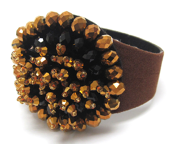 Multi seed beads and crystal glass on leatherette button bracelet
