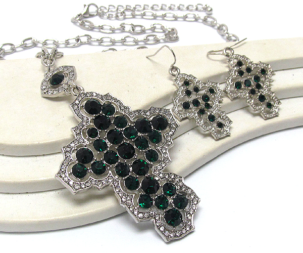Crystal stud large cross pendant long necklace earring set