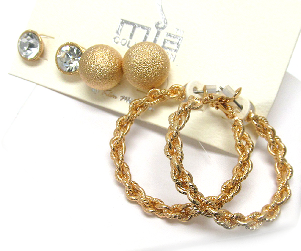 Sandy ball crystal and twist metal hoop 3 pair earring set - hoops