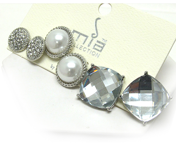 Round crystal metal pearl and glass square 3 pair earring set