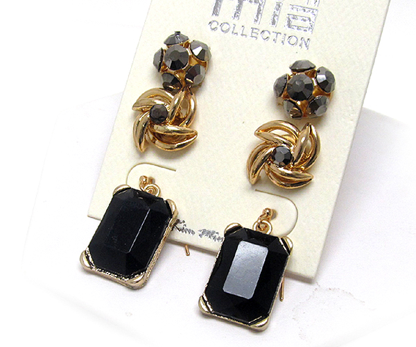 Round crystal fire ball metal flower crystal and rectangle glass 3 pair earring set