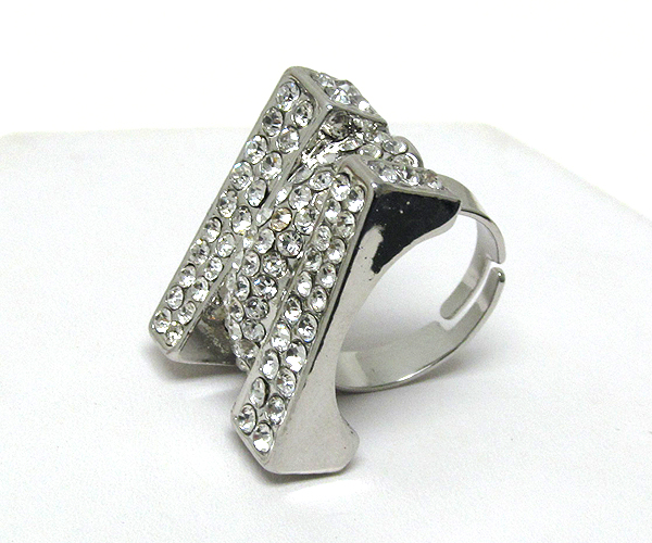Multi crystal and scratch metal three half square designer style adjustable ring size