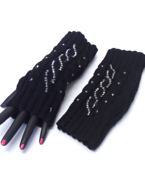 Crystal wave pattern open fingertip knit glove 