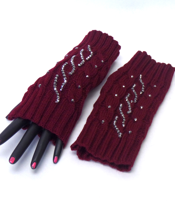 Crystal wave pattern open fingertip knit glove 