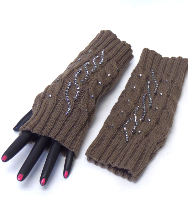 Crystal wave pattern open fingertip knit glove