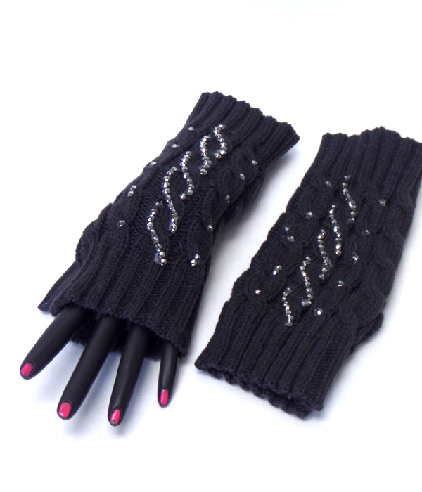 Crystal wave pattern open fingertip knit glove 