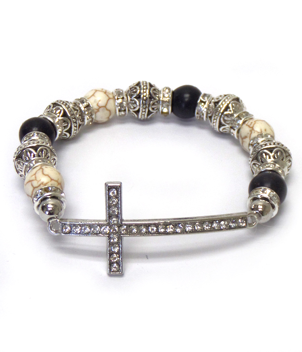 Metal filigree ball and crystal rondelle cross stretch bracelet
