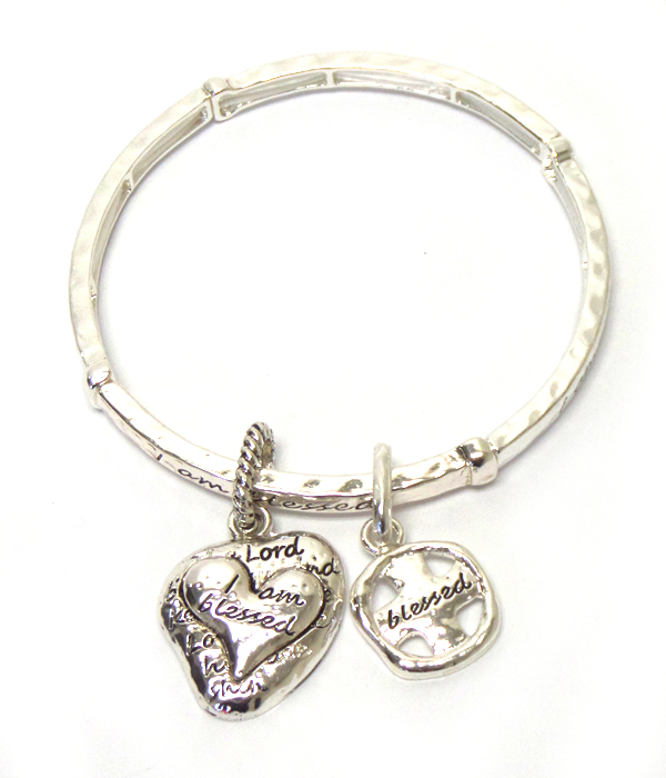Religious inspiration heart charm message stretch bracelet - i am blessed