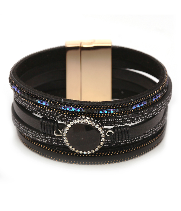 Crystal multi layer leather magnetic bracelet