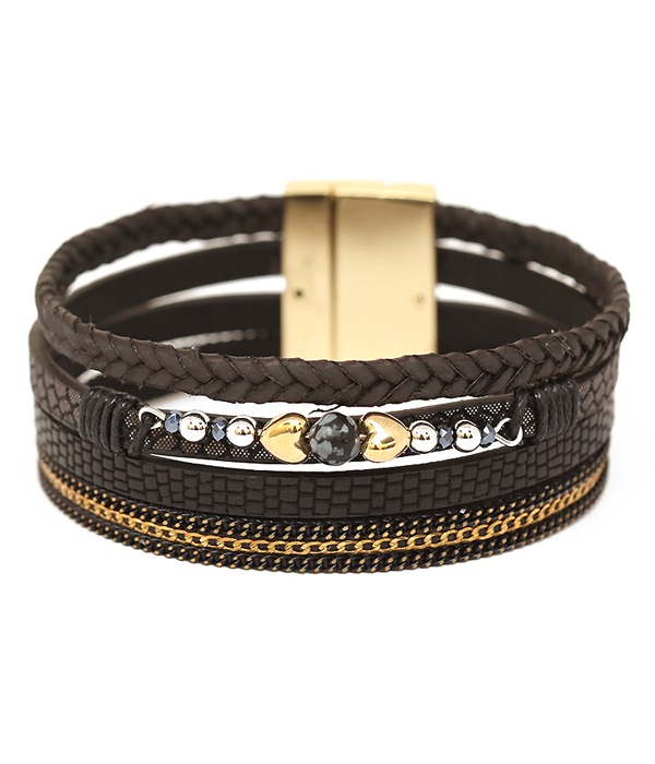 Metal nugget multi layer leather magnetic bracelet
