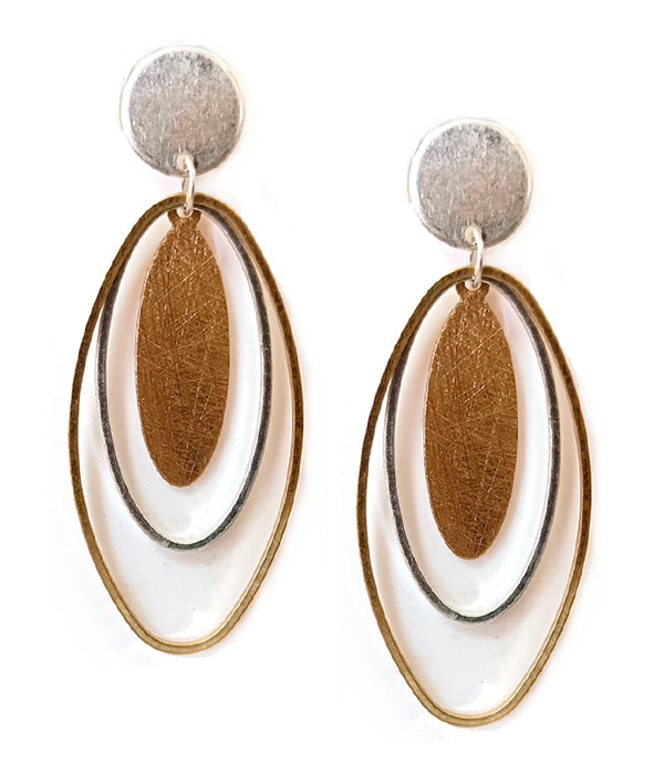 METAL WIRE AND SCRATCH METAL OVAL EARRING