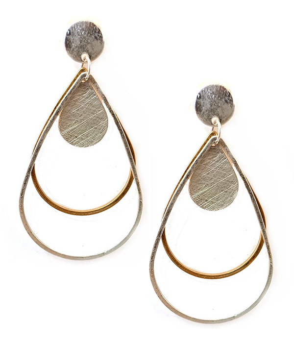 METAL WIRE AND SCRATCH METAL TEARDROP EARRING