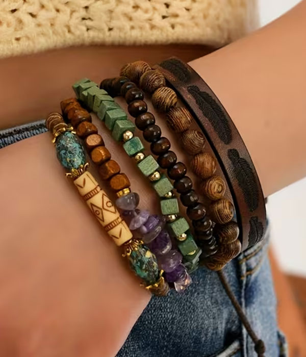 Ethnic style wood bead stackable stretch bracelet set