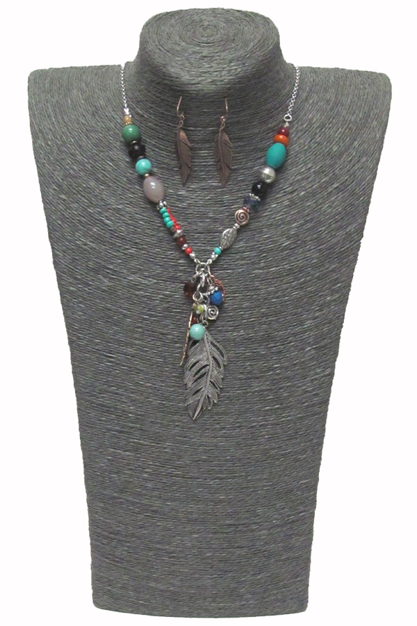 Multi stones feather drop necklace set 