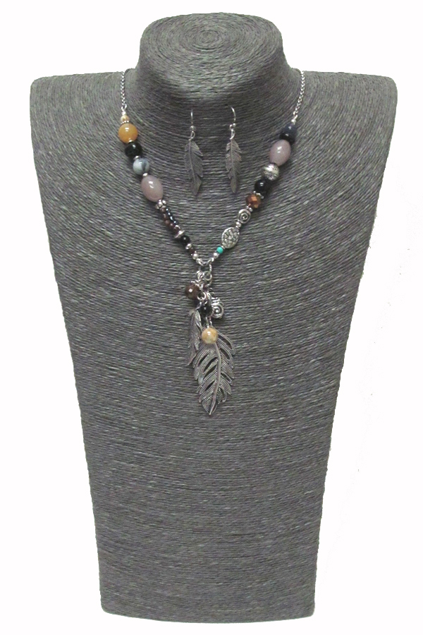 Multi stones feather drop necklace set 