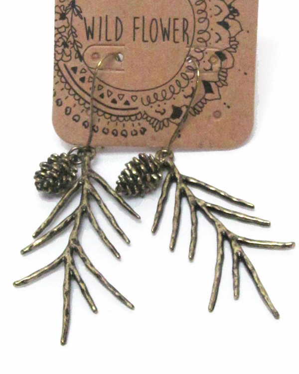 Textured metal pine cones and branch drop fish hook earrings 
