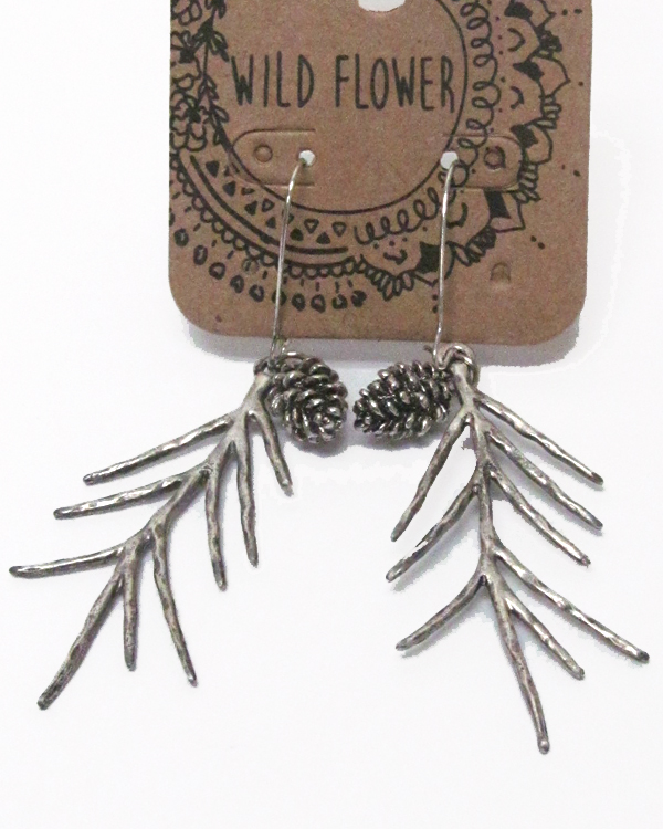 Textured metal pine cones and branch drop fish hook earrings 