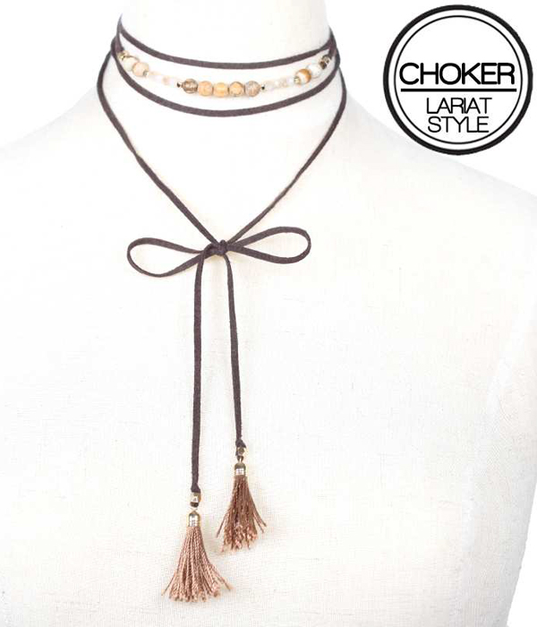 Semi precious stone bohemian style lariat choker necklace