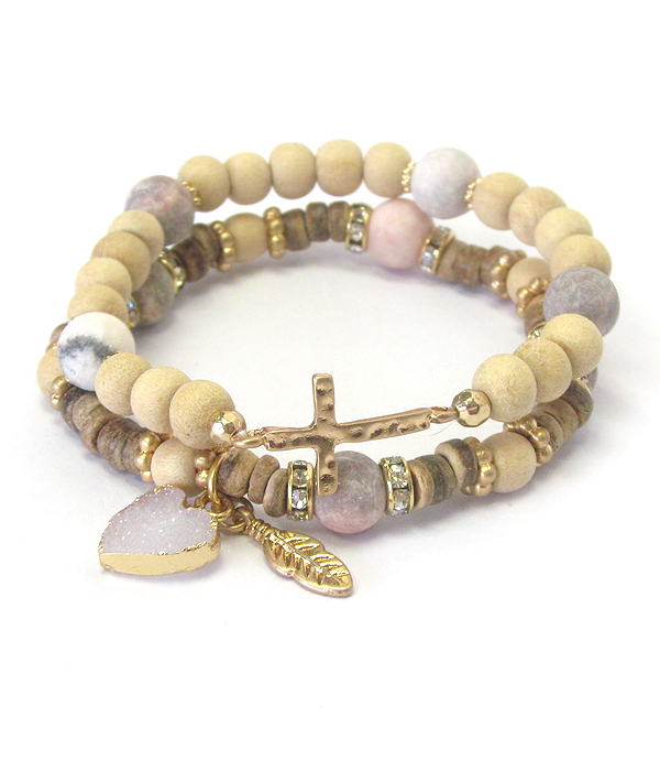 Multi material bead and druzy heart double stretch bracelet set