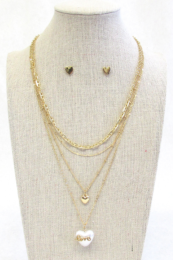 Heart pearl pendant multi layer chain necklace set - valentine