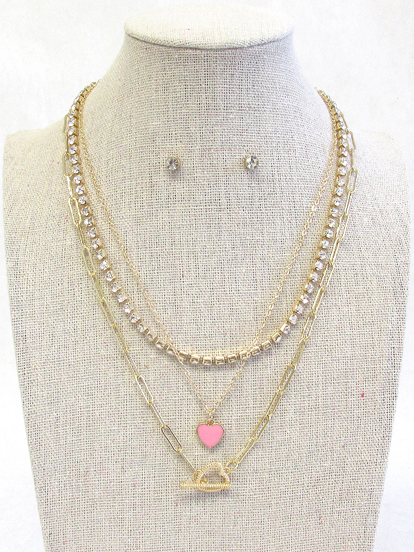 Heart pendant and crystal multi chain necklace set -valentine