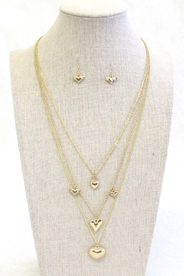 Puffy heart pendant multi layer chain necklace set