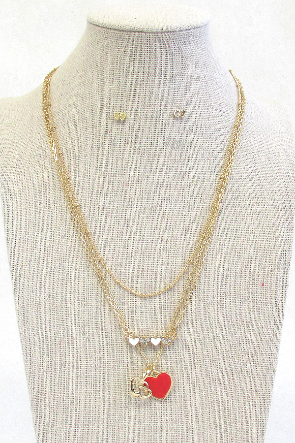 Heart pendant multi layer chain necklace set