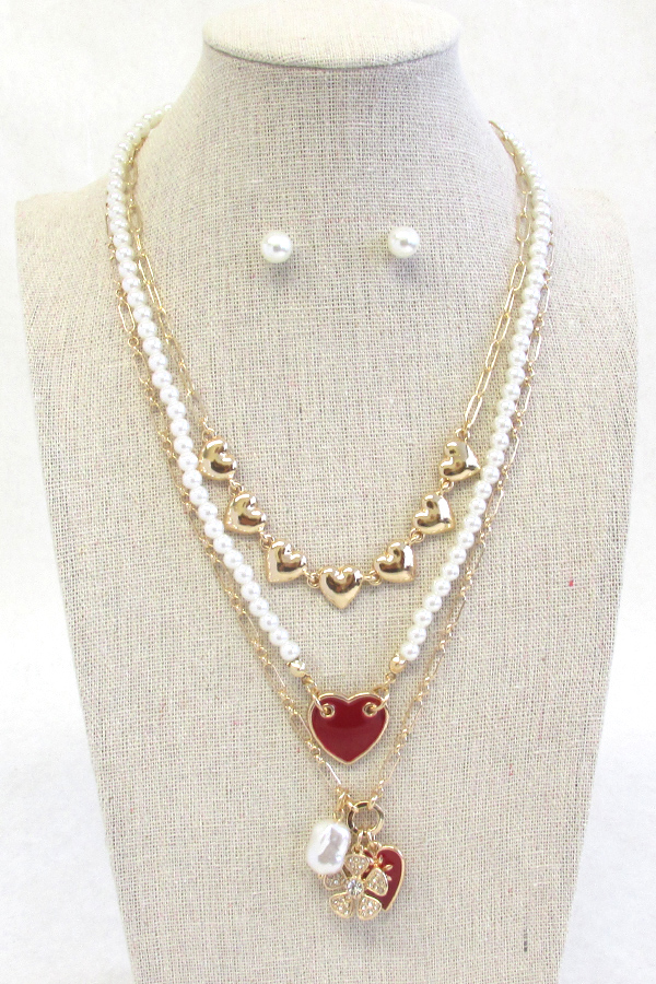 Multi heart pendant and multi pearl chain necklace set