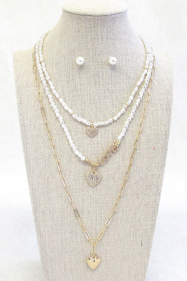 MULTI HEART PENDANT AND MULTI PEARL CHAIN NECKLACE SET