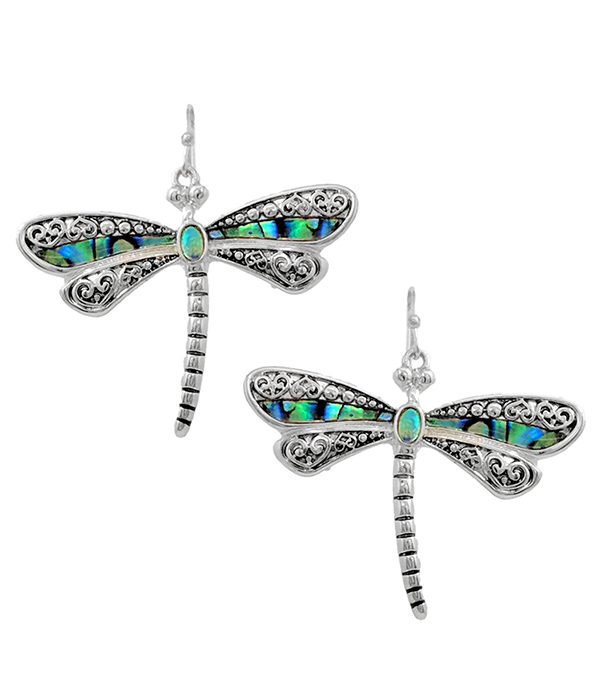 Garden theme abalone filigree earring - dragonfly