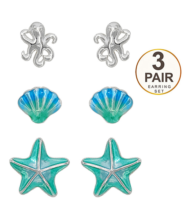 Sealife theme epoxy 3 pair earring set - octopus shell starfish