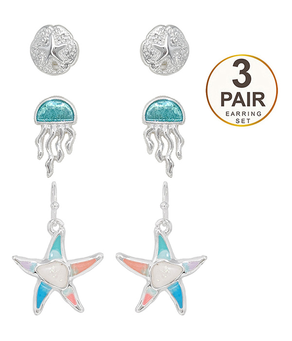 Sealife theme epoxy 3 pair earring set - sanddollar jellyfish starfish