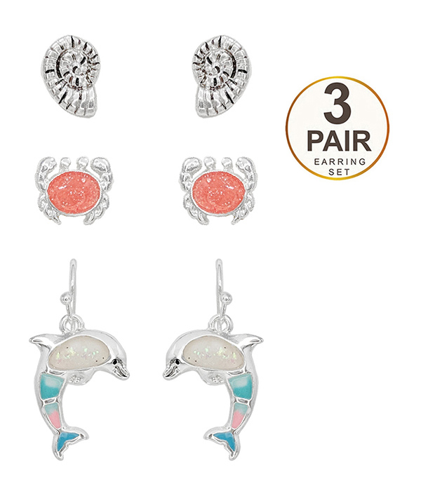 Sealife theme epoxy 3 pair earring set - shell crab dolphin